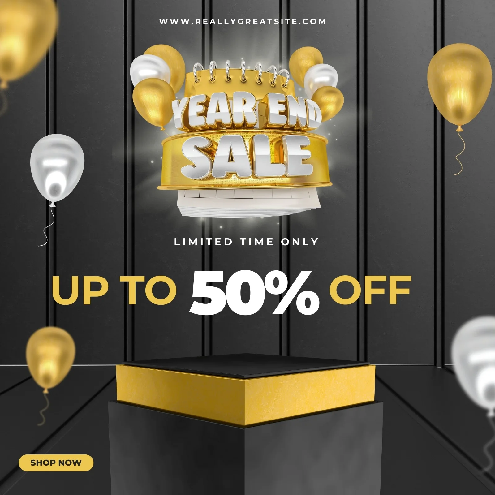 Post de Instagram com tema de liquidação de fim de ano, em tons de cinza, prata e dourado. Balões flutuantes e um pódio destacam a oferta 'Year End Sale' e 'Up to 50% Off', com um botão 'Shop Now'.