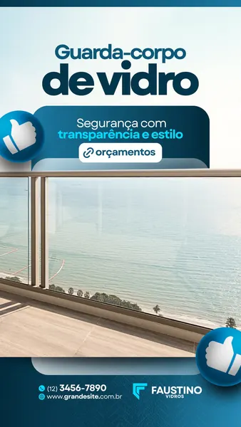 Story de Instagram para vidraçaria, destacando guarda-corpo de vidro com fundo de mar azul. O design em azul e branco inclui texto 'Guarda-corpo de vidro', 'Segurança com transparência e estilo' e um botão de 'orçamentos'.