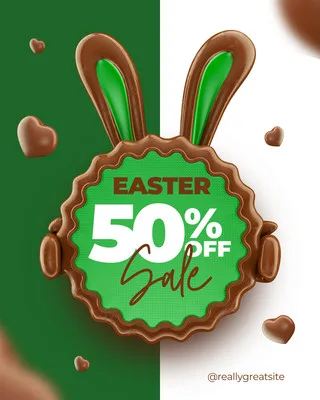 Template de post para redes sociais com tema de Páscoa, apresentando um selo verde com borda de chocolate derretido e orelhas de coelho. O texto "EASTER 50% OFF Sale" em branco e marrom se destaca, com corações de chocolate espalhados ao redor.