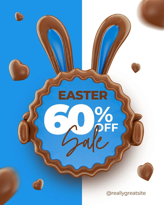 Template de post para redes sociais com tema de Páscoa, apresentando um design de chocolate com orelhas de coelho. Destaca uma oferta de 60% de desconto em um círculo azul texturizado, com corações de chocolate flutuando.