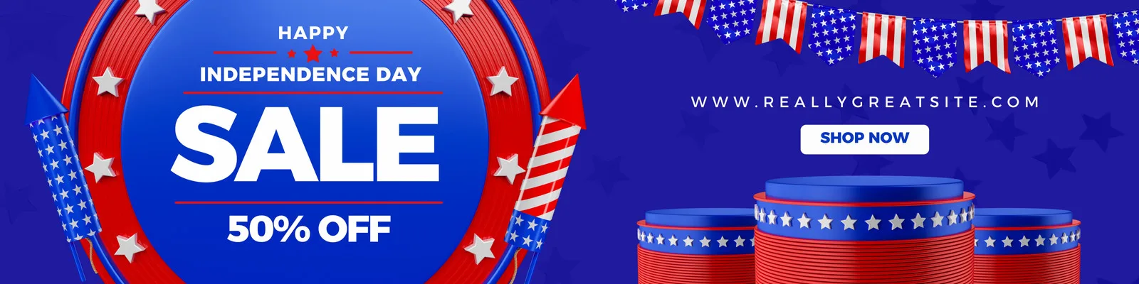 Banner horizontal azul com detalhes em vermelho e branco, celebrando o Dia da Independência. Apresenta fogos de artifício, estrelas, a palavra "SALE" em destaque e a oferta "50% OFF".