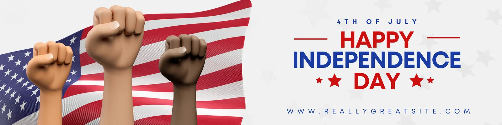 Banner horizontal com a bandeira dos Estados Unidos ao fundo e três punhos cerrados erguidos em diferentes tons de pele, simbolizando união. Ao lado, o texto '4th of July Happy Independence Day' em vermelho e azul.