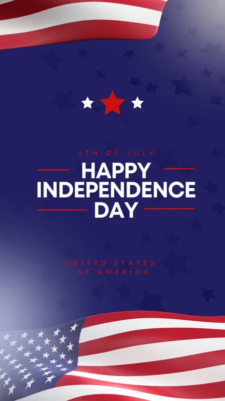 Template de Instagram Story com fundo azul escuro e estrelas, apresentando a bandeira dos EUA ondulando nas bordas superior e inferior. O texto central em branco e vermelho celebra o 'Happy Independence Day' e 'United States of America'.