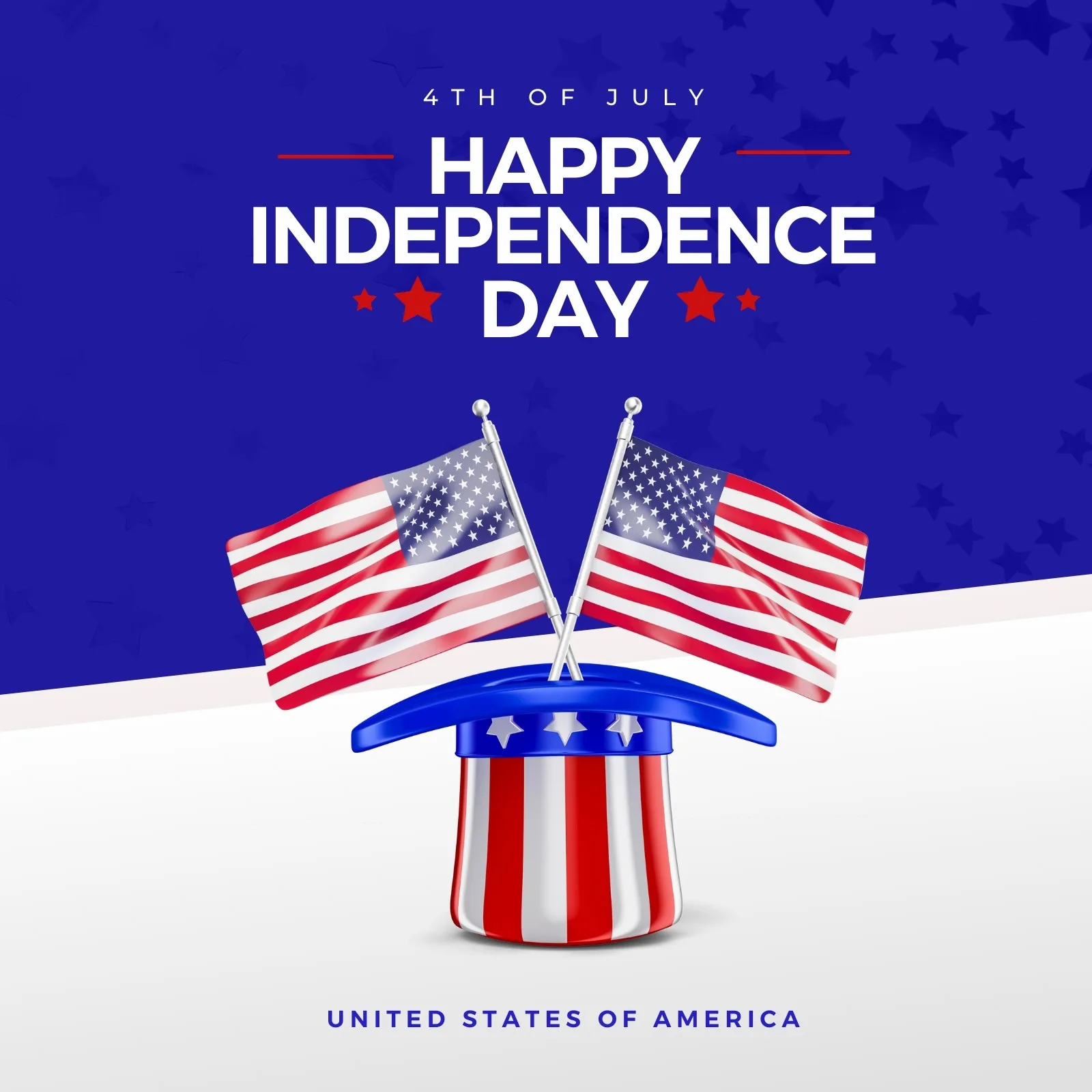 Post para Instagram e Facebook com o tema "Happy Independence Day". Apresenta duas bandeiras dos Estados Unidos cruzadas sobre um chapéu patriótico listrado em vermelho e branco, com fundo azul estrelado e texto "4th of July".