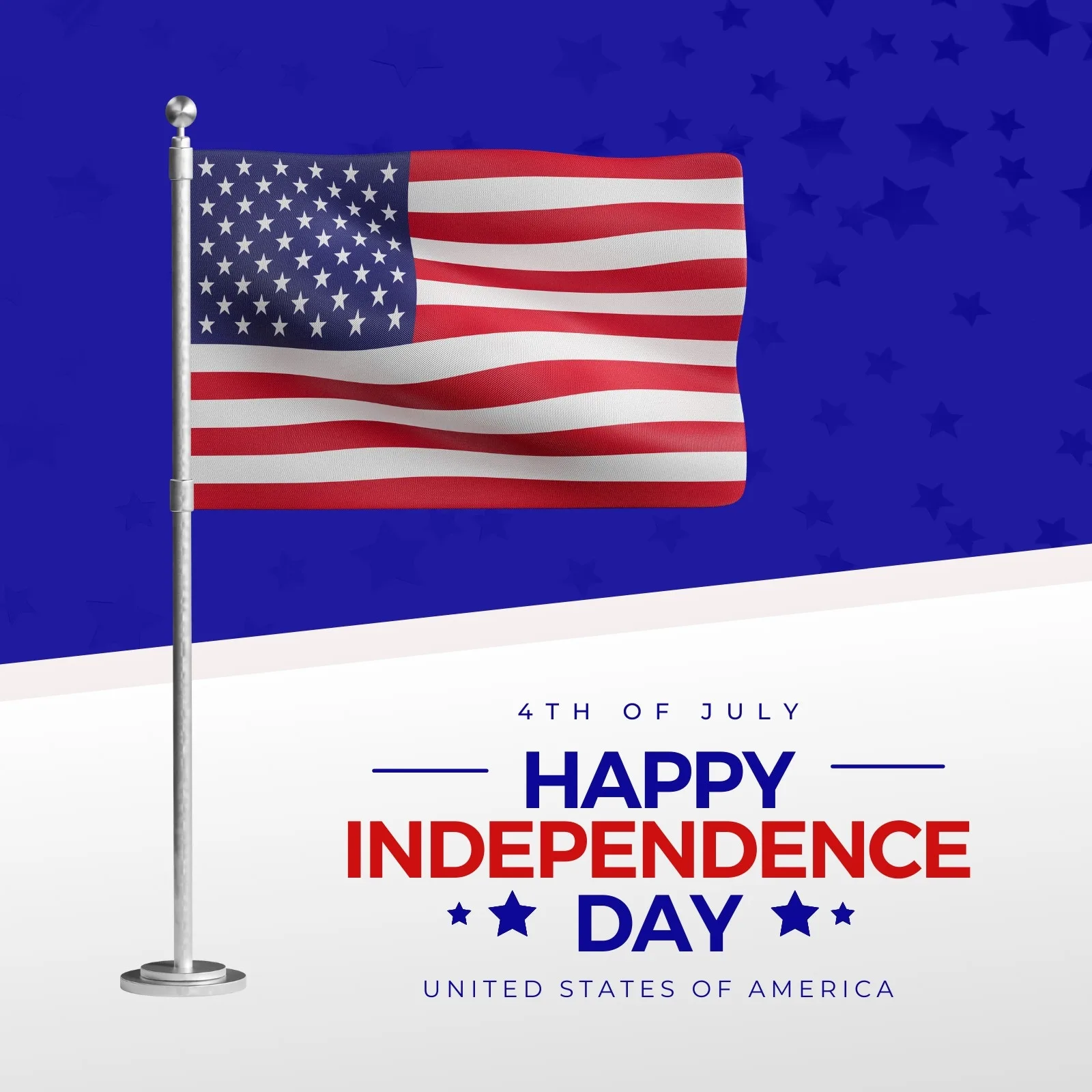 Template de post para redes sociais com a bandeira dos Estados Unidos tremulando em um mastro. O fundo é azul com estrelas sutis e o texto '4th of July Happy Independence Day United States of America' em destaque.