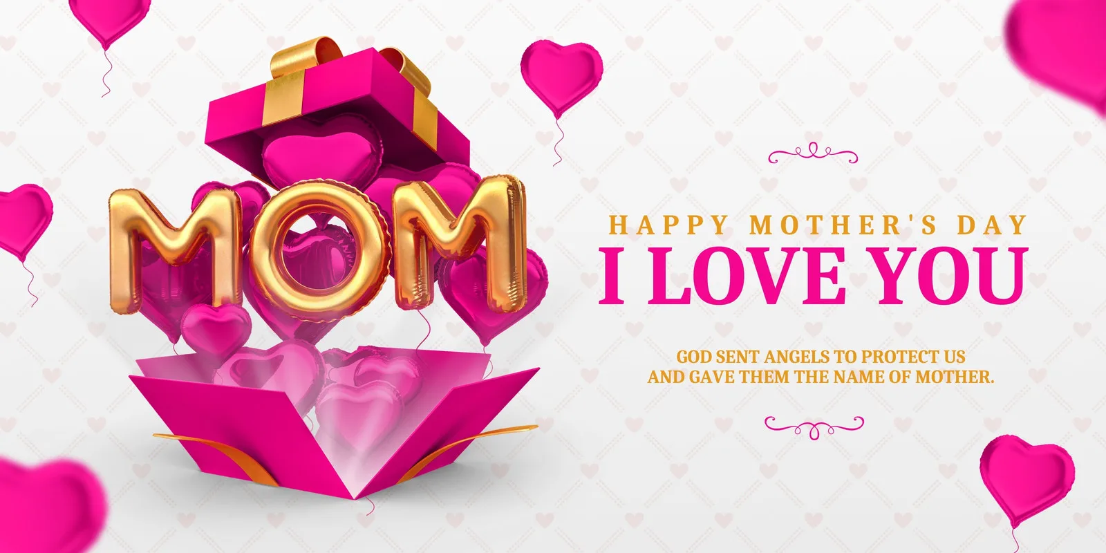 Banner horizontal para o Dia das Mães com a palavra "MOM" em balões dourados saindo de uma caixa de presente rosa. Balões em formato de coração rosa e a frase "Happy Mother's Day I Love You" completam a arte.