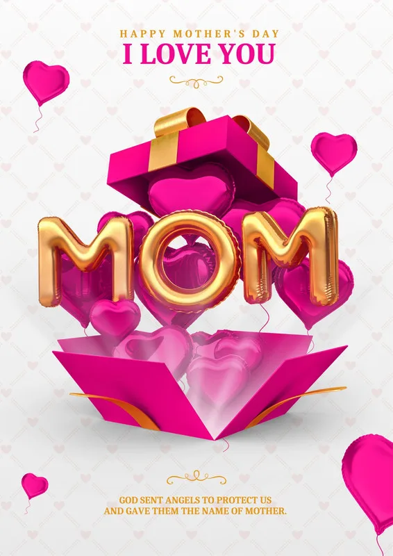 Template de post para o Dia das Mães com a frase "Happy Mother's Day I Love You". Balões dourados em formato de "MOM" e balões em formato de coração rosa vibrante emergem de uma caixa de presente aberta.