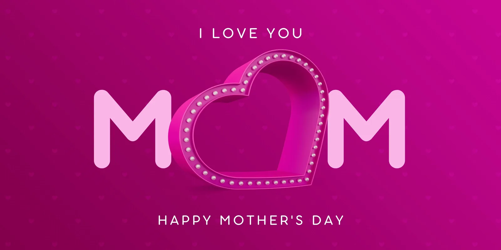 Banner horizontal moderno com fundo degradê rosa vibrante. No centro, a palavra "MOM" com um coração luminoso em 3D no lugar da letra "O". Abaixo, a frase "HAPPY MOTHER'S DAY" em letras brancas.