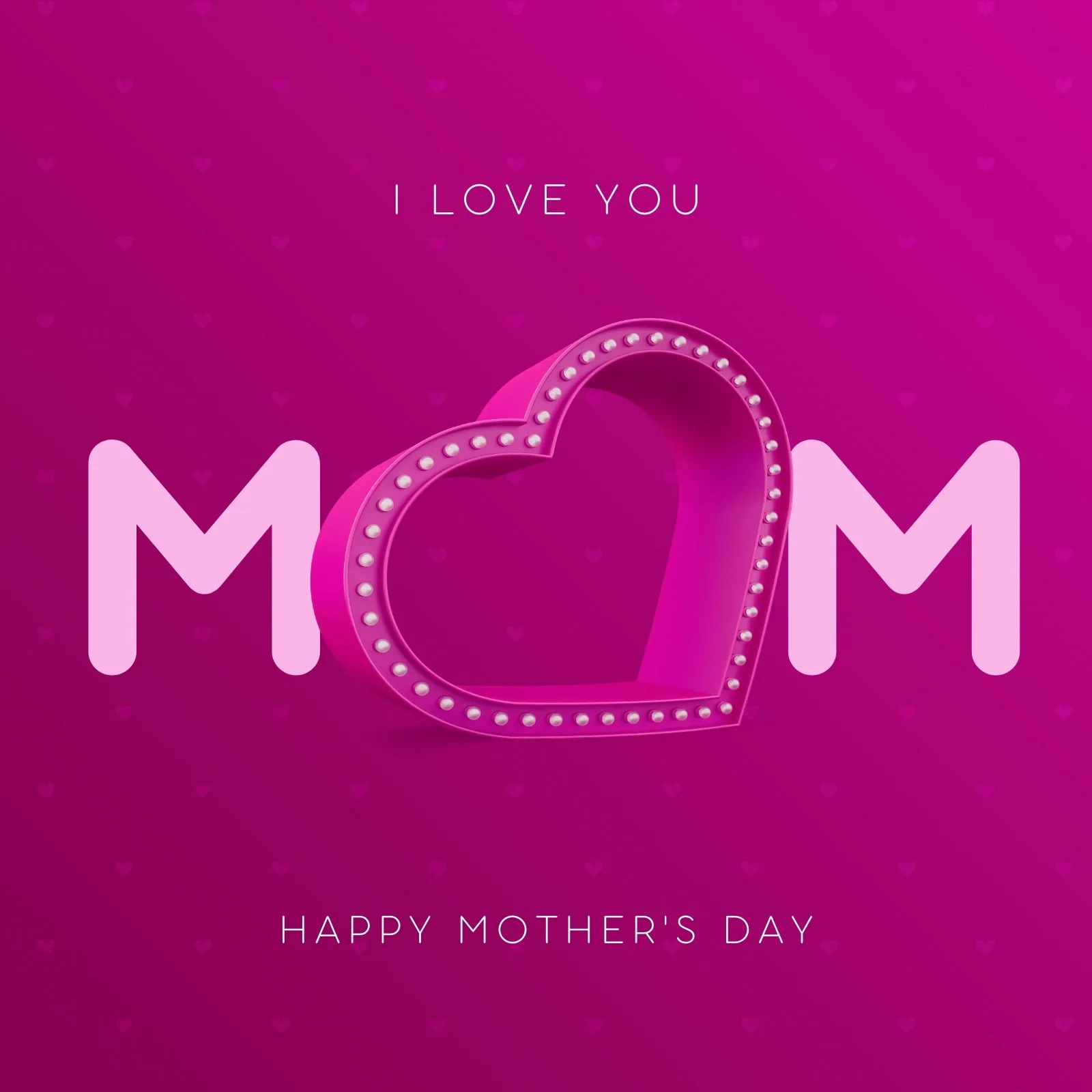 Um post de Instagram com fundo rosa vibrante e a palavra "MOM" em destaque. O "O" é substituído por um coração 3D com luzes de neon, transmitindo uma mensagem de amor e celebração para o Dia das Mães.
