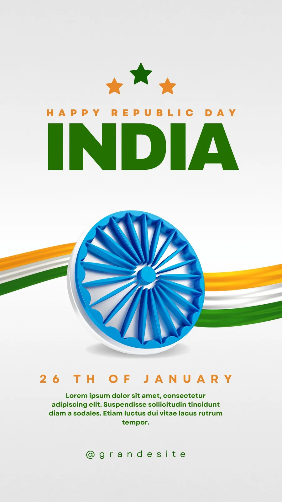 Template de Instagram Story com fundo branco, texto 'Happy Republic Day India' em verde e laranja, e o símbolo Ashoka Chakra em azul. Faixas nas cores da bandeira indiana (laranja, branco, verde) adornam a lateral.