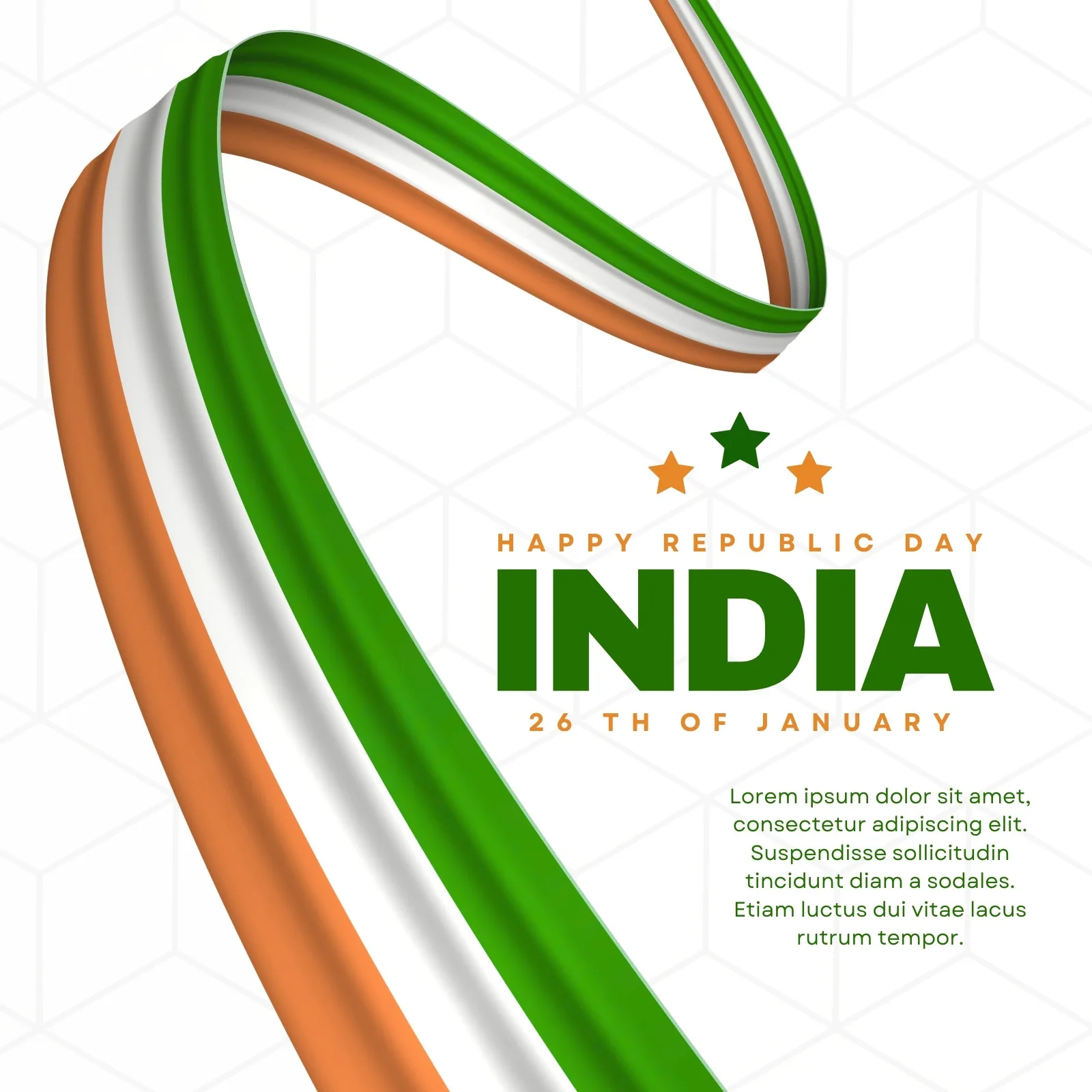 Template de post para redes sociais celebrando o Dia da República Indiana. Apresenta um design moderno com as cores laranja, branco e verde da bandeira indiana em uma fita fluida, com o texto 'Happy Republic Day India' e '26th of January'.