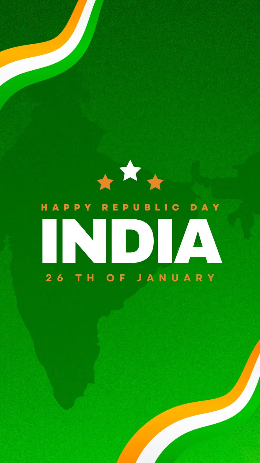 Template de Instagram Story com fundo verde vibrante, apresentando o mapa da Índia em destaque. Elementos gráficos nas cores laranja, branco e verde remetem à bandeira indiana, com o texto 'Happy Republic Day India' e '26th of January'.
