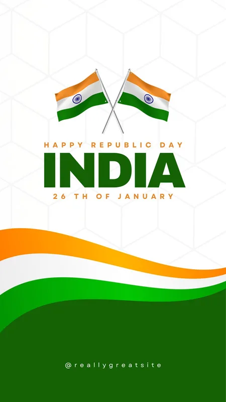 Template de Instagram Story com as cores da bandeira da Índia (laranja, branco, verde) em ondas fluidas. Duas bandeiras da Índia cruzadas no topo, com o texto 'Happy Republic Day India' e a data '26th of January'. Design moderno e patriótico.