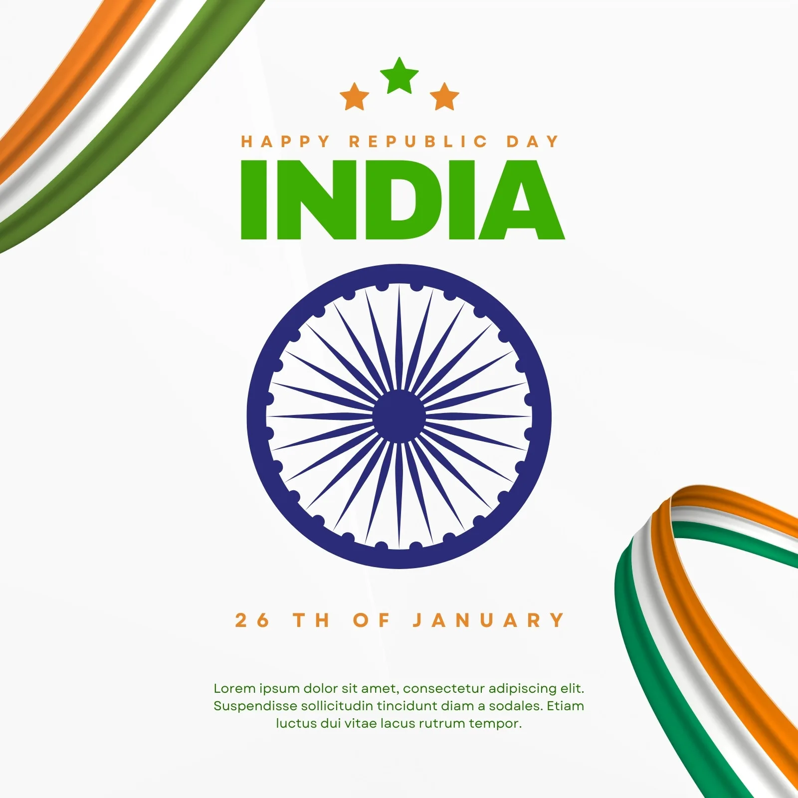 Post para redes sociais comemorativo ao Dia da República da Índia. O design apresenta as cores verde, laranja e branco da bandeira indiana, o símbolo Ashoka Chakra e a inscrição 'Happy Republic Day India' e '26th of January'.