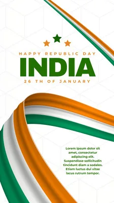 Template de Instagram Story com fundo branco e padrão geométrico sutil. Apresenta a bandeira da Índia em destaque, com as cores verde, branco e laranja em uma fita fluida. O texto 'Happy Republic Day India' e '26th of January' aparecem em destaque.