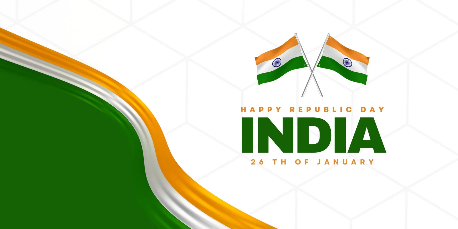 Banner horizontal com design moderno em verde, branco e amarelo. Duas bandeiras da Índia cruzadas no topo, com o texto 'Happy Republic Day India' e '26th of January'. Uma onda verde com detalhes em amarelo e branco na lateral esquerda.