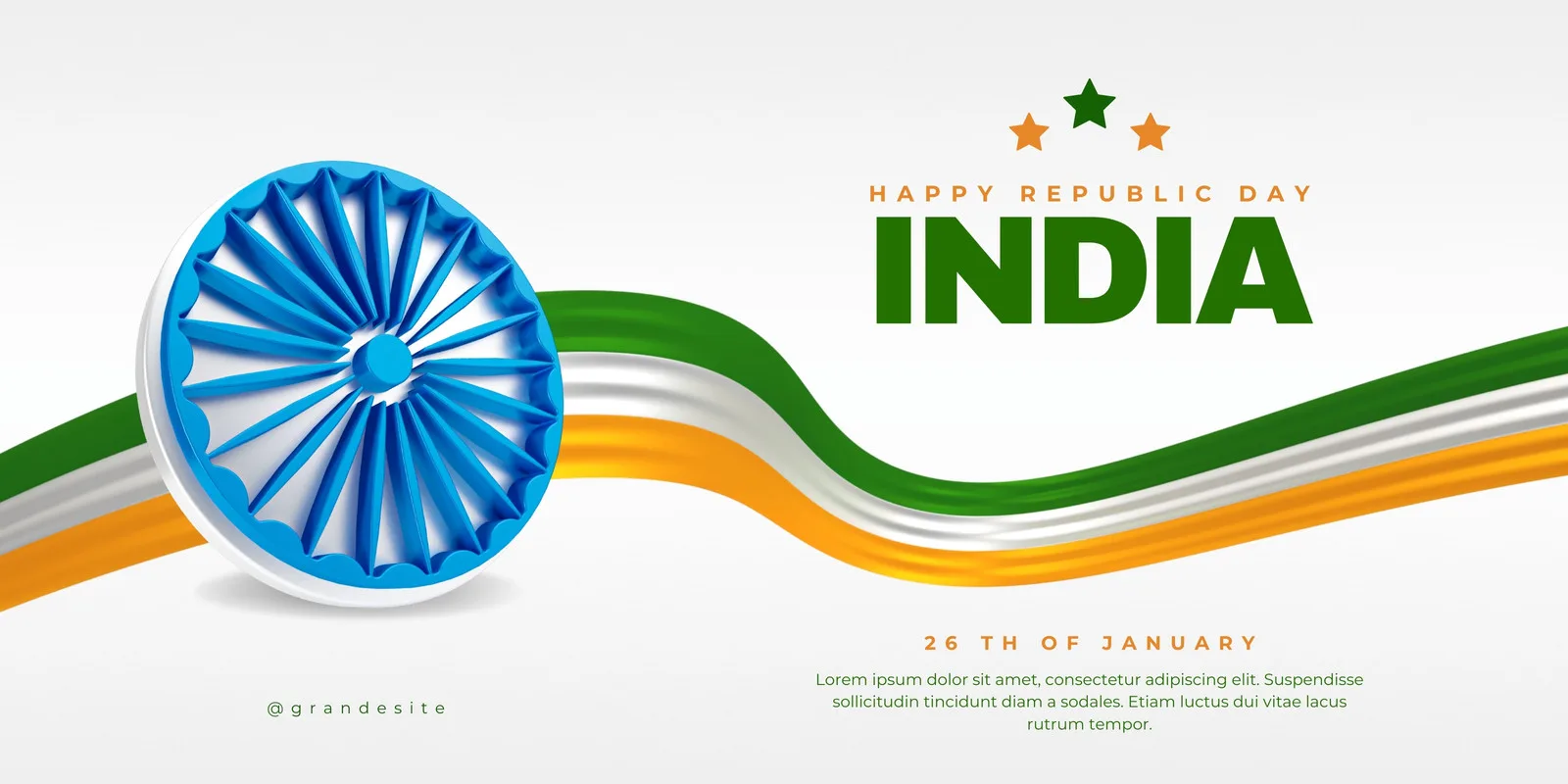Banner horizontal com as cores da bandeira da Índia (verde, branco, laranja) em ondas fluidas. Um grande Ashoka Chakra azul está à esquerda, com o texto 'Happy Republic Day INDIA' e '26th of January' em destaque. Design moderno e festivo para celebrações.