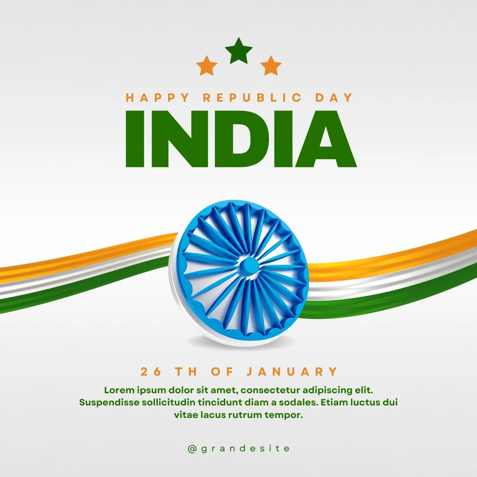 Post para redes sociais com tema "Dia da República da Índia". Apresenta o texto "Happy Republic Day INDIA" em verde e laranja, com três estrelas acima. Ao centro, o Ashoka Chakra em azul e branco, sobreposto a uma faixa com as cores da bandeira indiana (laranja, branco e verde).