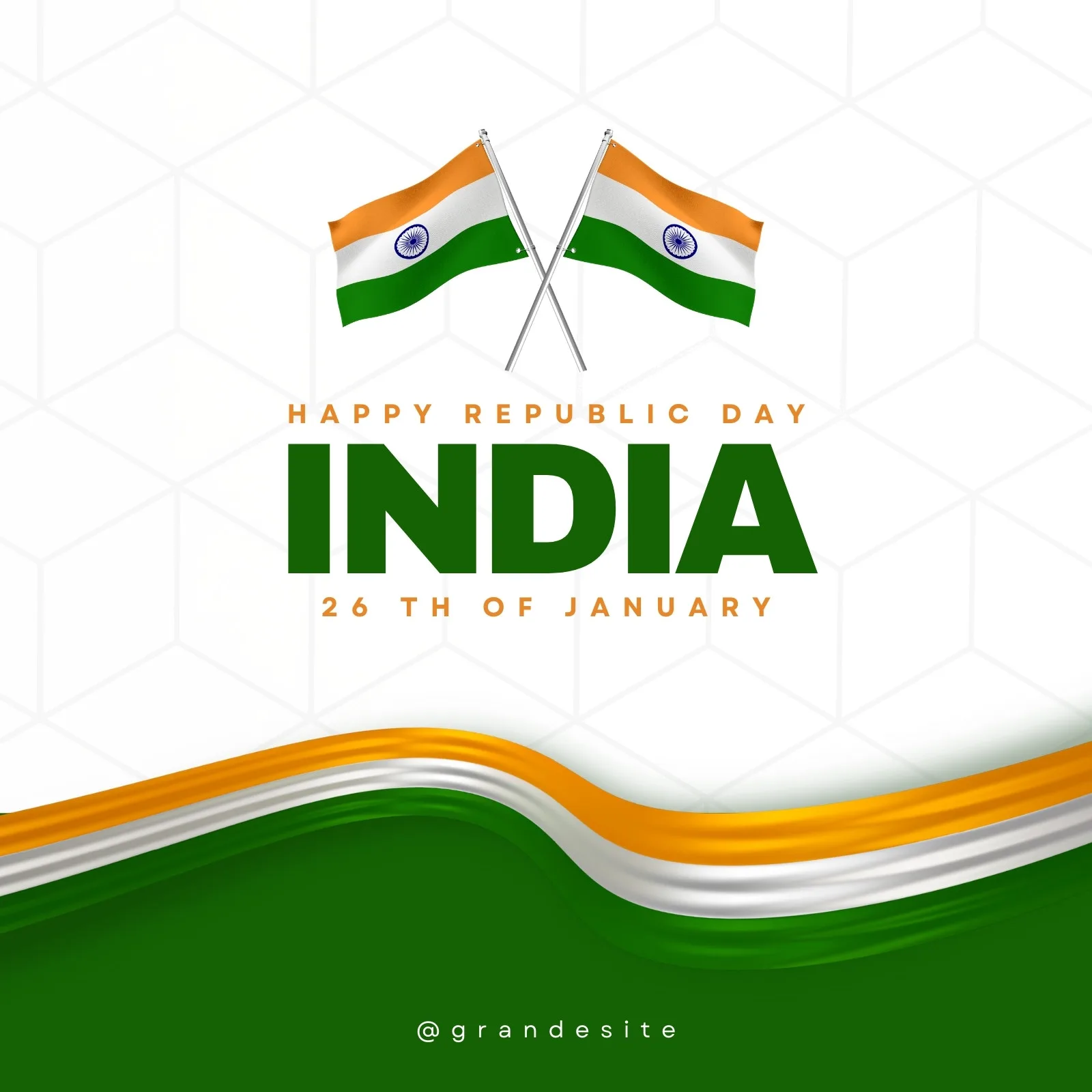 Template de post para Instagram e Facebook comemorando o Dia da República da Índia. Duas bandeiras indianas cruzadas em destaque, com o texto 'Happy Republic Day India' e '26th of January'. Fundo branco com padrão geométrico sutil e uma onda nas cores da bandeira indiana (laranja, branco e verde) na parte inferior.