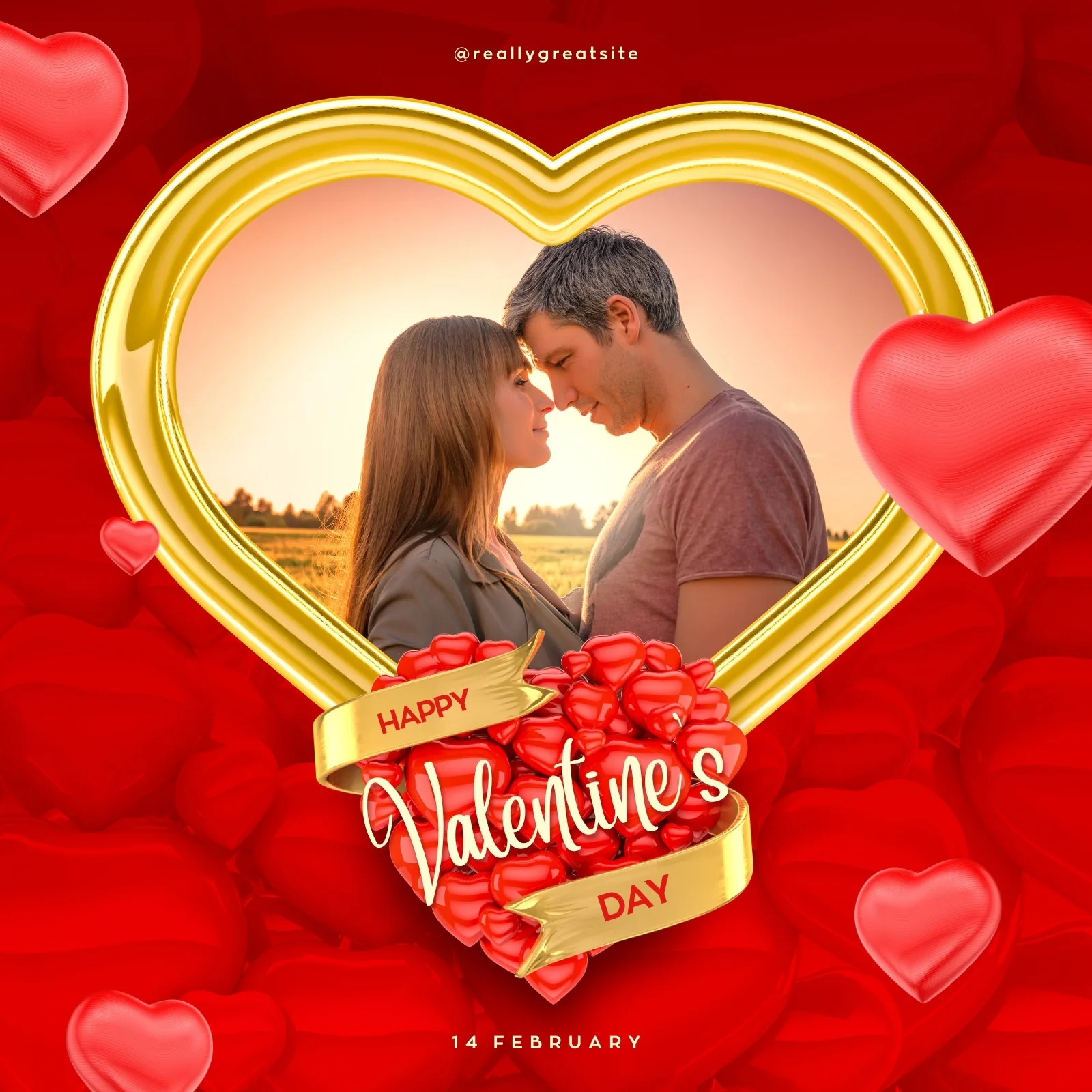 Template de post para Instagram com tema de Dia dos Namorados. Um casal abraçado em um porta-retrato dourado em formato de coração, cercado por corações vermelhos e a frase 'Happy Valentine's Day'.