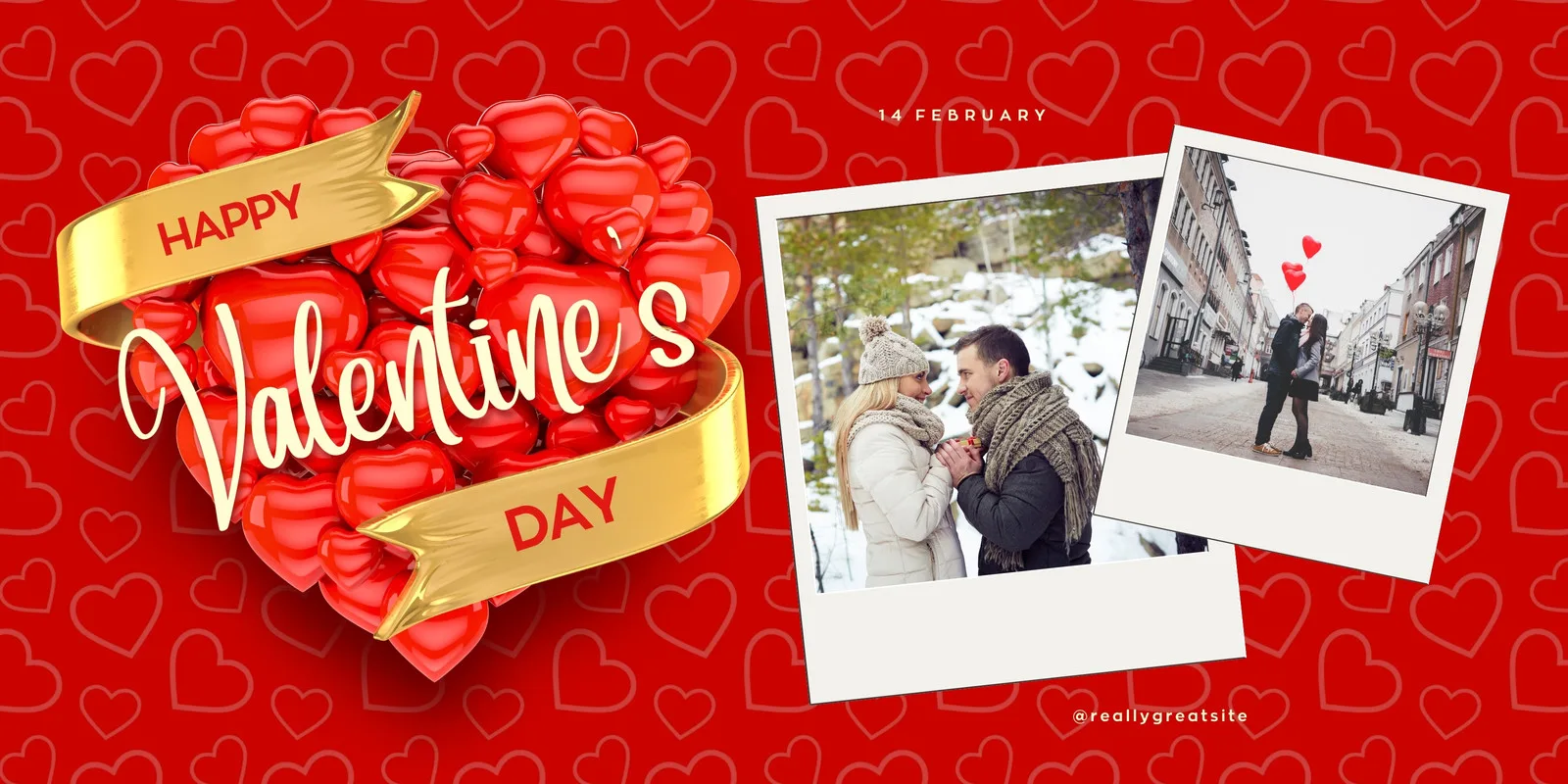 Banner horizontal com fundo vermelho e padrão de corações. Um grande coração vermelho com várias bolhas de coração dentro, adornado com uma fita dourada com a inscrição 'Happy Valentine's Day'. Duas fotos estilo polaroid de casais em momentos românticos.