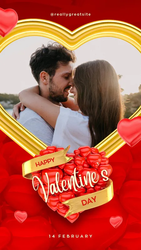 Um template de Instagram Story com fundo vermelho vibrante, decorado com corações e uma moldura dourada em formato de coração. No centro, uma foto de um casal abraçado, com a frase 'Happy Valentine's Day' em destaque.