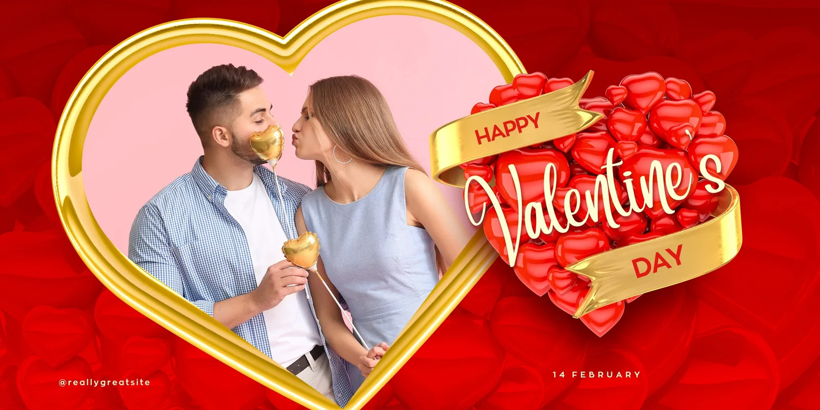 Banner horizontal moderno para o Dia dos Namorados com um casal jovem se beijando, emoldurado por um coração dourado. Um grande coração vermelho com balões em forma de coração e a inscrição 'Happy Valentine's Day' em dourado compõem o design.