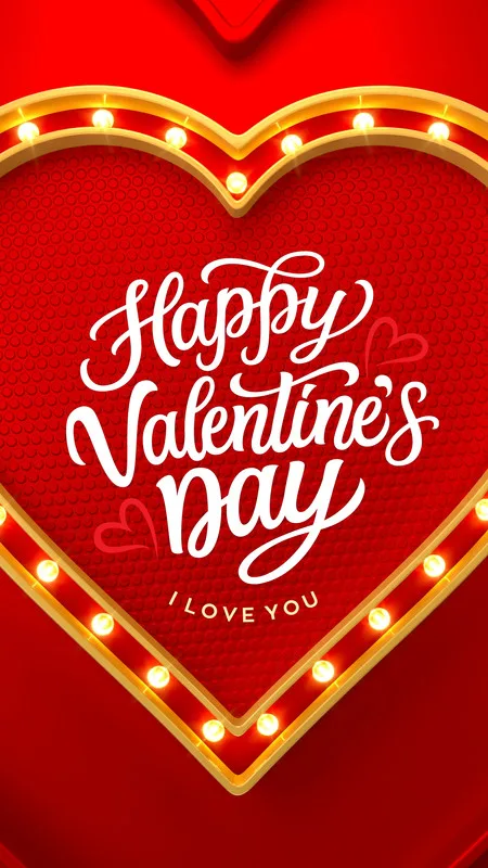 Template de Story para Instagram com tema de Dia dos Namorados. Um grande coração vermelho texturizado com luzes douradas ao redor e a frase 'Happy Valentine's Day' em caligrafia branca e elegante. Abaixo, a inscrição 'I LOVE YOU'.