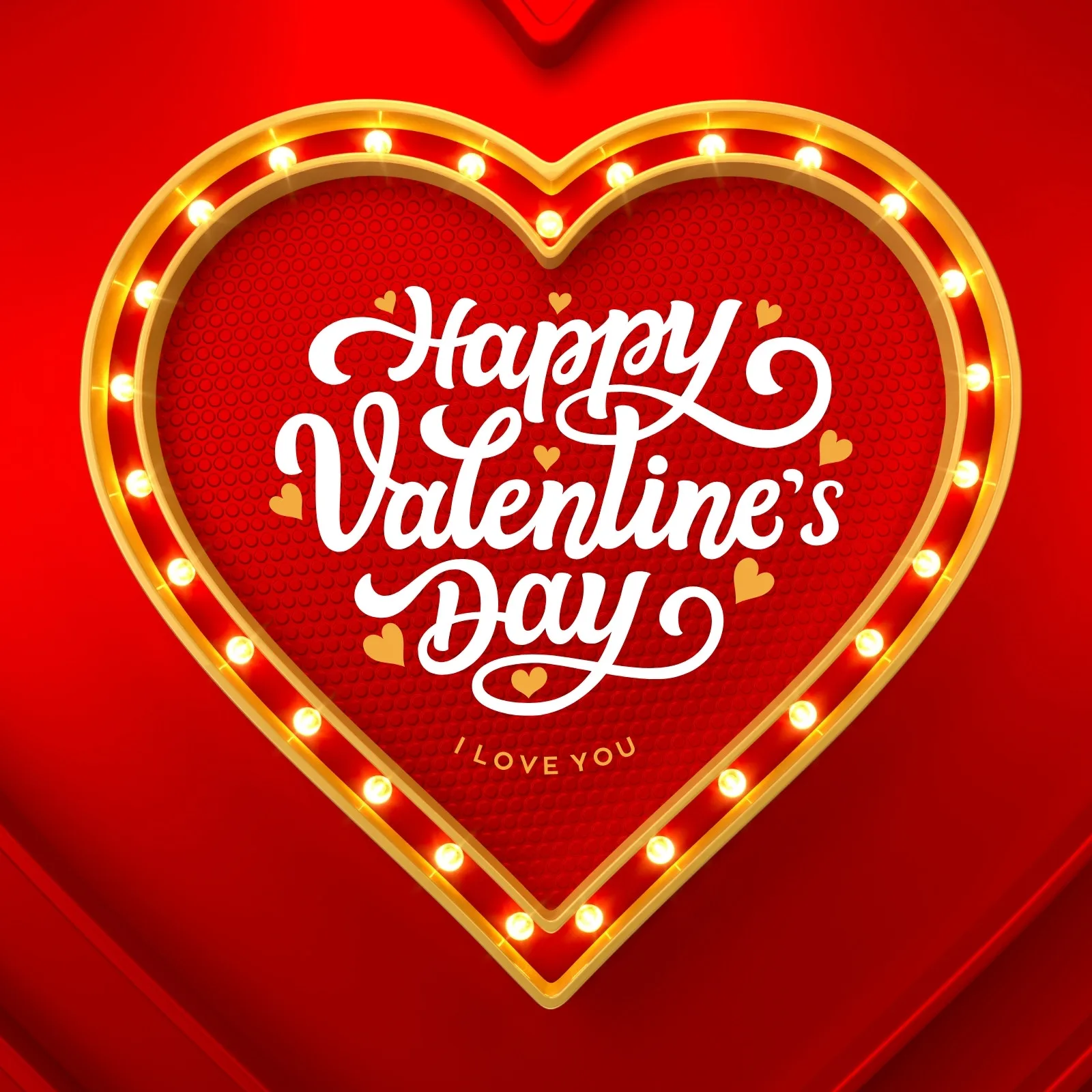 Um coração vermelho com luzes de neon douradas ao redor, exibindo a mensagem 'Happy Valentine's Day' em letras brancas cursivas e 'I Love You' em texto menor. O fundo é vermelho com uma textura sutil e dobras de tecido, evocando um clima romântico e festivo.