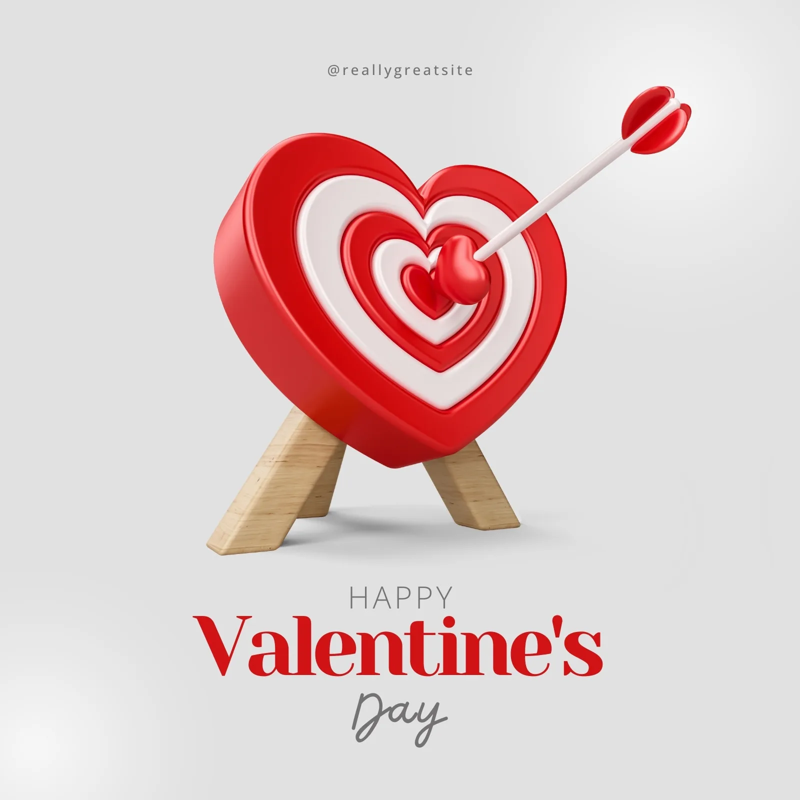 Um alvo em formato de coração vermelho e branco, com um arco e flecha atingindo o centro. O texto 'Happy Valentine's Day' aparece na parte inferior. Design 3D minimalista com cores vibrantes, ideal para posts de redes sociais.