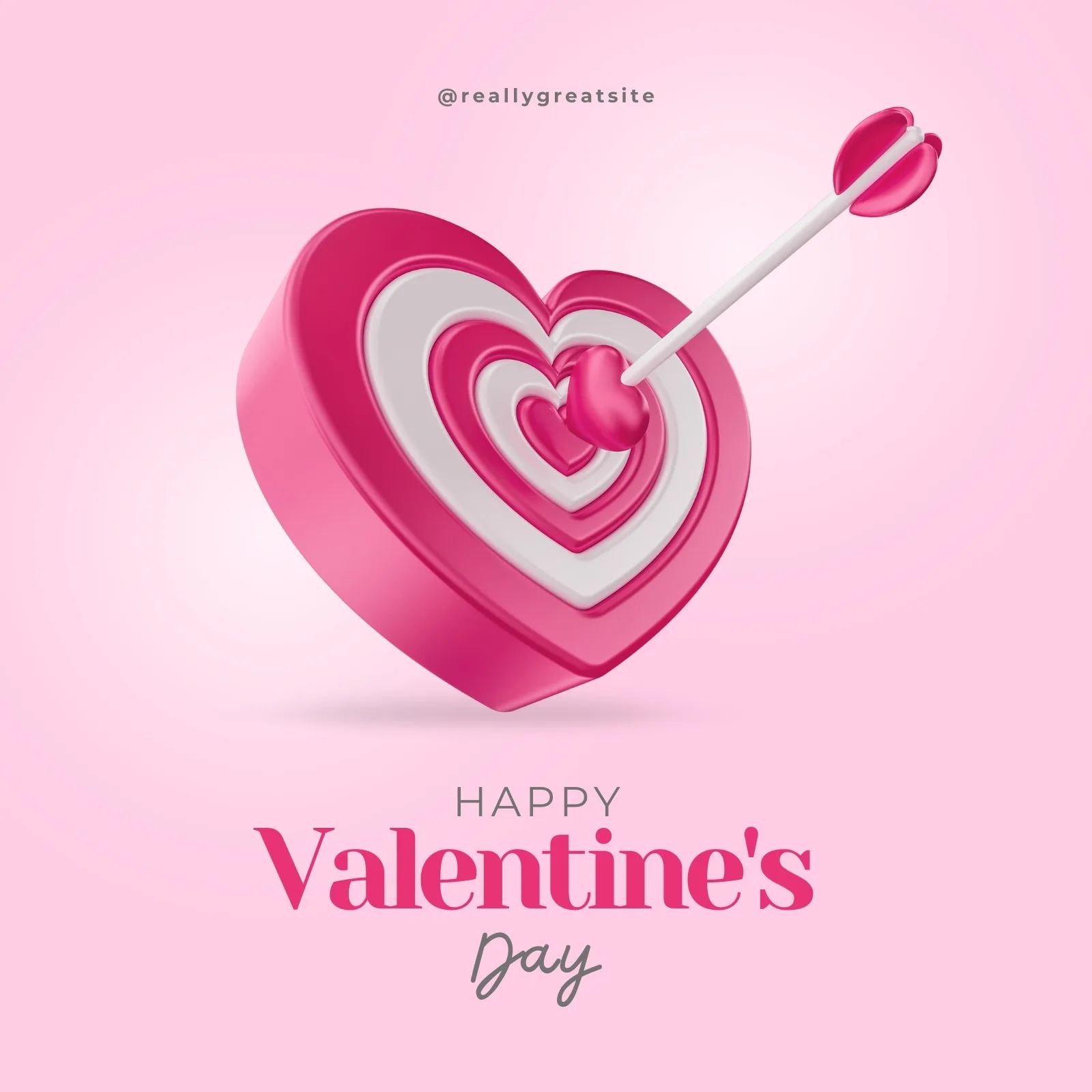 Um alvo em formato de coração rosa com um arco e flecha atingindo o centro, com a frase 'Happy Valentine's Day' em destaque. O fundo é gradiente rosa claro, ideal para posts de redes sociais.
