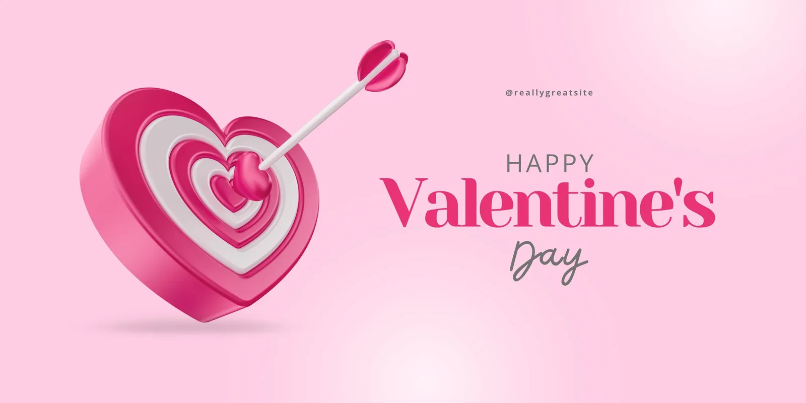 Um banner horizontal rosa claro com um alvo em formato de coração rosa e branco, atingido por uma flecha branca com ponta rosa. O texto 'Happy Valentine's Day' aparece em destaque, com 'Happy' em cinza e 'Valentine's Day' em rosa vibrante. Ideal para divulgações românticas.