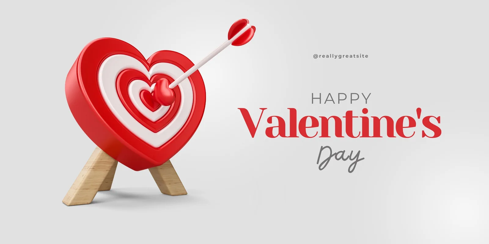 Banner horizontal com fundo cinza claro. À esquerda, um alvo 3D em formato de coração vermelho com anéis brancos, com uma seta branca e vermelha cravada no centro. À direita, o texto "HAPPY Valentine's Day" em vermelho e cinza.