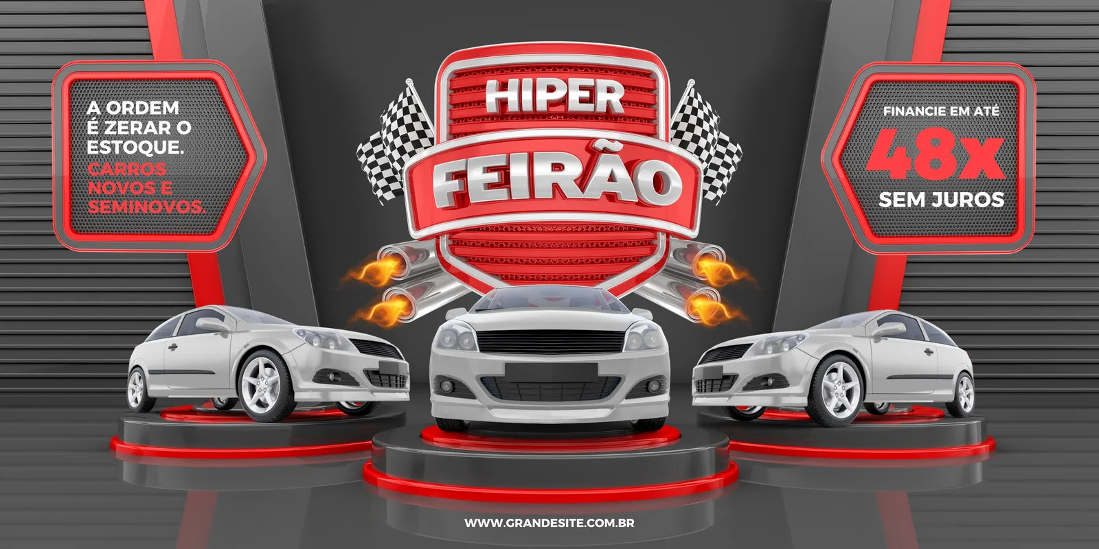 Banner horizontal em tons de vermelho e cinza para um feirão de carros. Apresenta três carros brancos em pedestais, um escudo com a inscrição 'Hiper Feirão', bandeiras quadriculadas e texto sobre zerar estoque e financiamento em 48x sem juros.