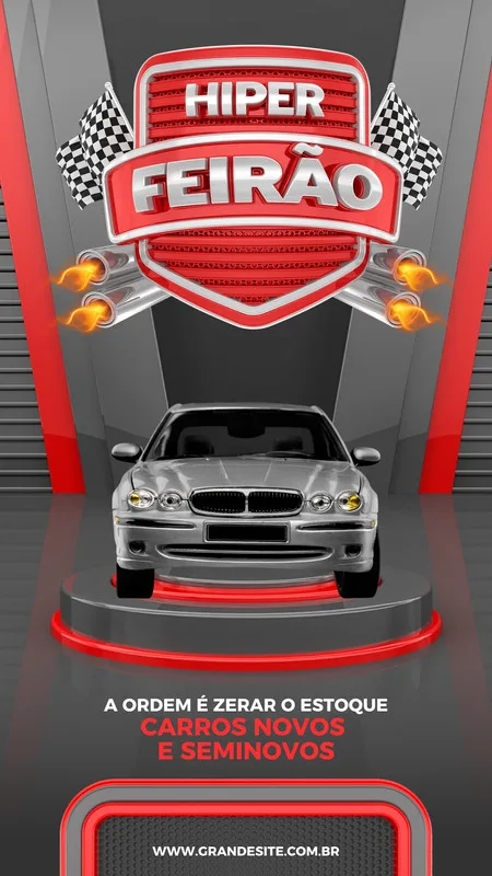 Template de Story para Instagram com tema de feirão automotivo. Apresenta um carro prateado em destaque, com bandeiras quadriculadas e detalhes em vermelho e cinza. O texto 'Hiper Feirão' e 'Carros Novos e Seminovos' convida para uma grande liquidação.