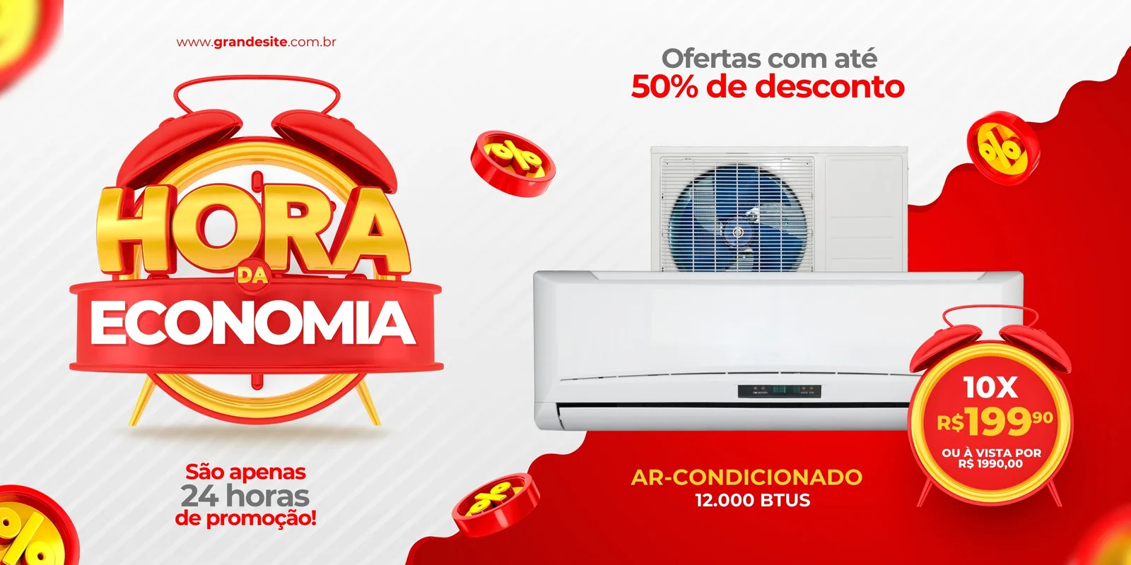 Banner horizontal com tema de promoção 'Hora da Economia' para loja de ar-condicionado. Destaca um aparelho de ar-condicionado branco, ofertas de até 50% de desconto e preço parcelado em 10x R$199,90. Fundo vermelho com elementos de relógio e porcentagem.