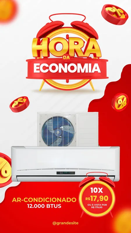 Template de Story para Instagram com tema 'Hora da Economia' em amarelo e vermelho vibrantes. Destaca um ar-condicionado split com preço promocional em 10x R$17,90. Elementos de relógio e moedas com porcentagem indicam a oferta.
