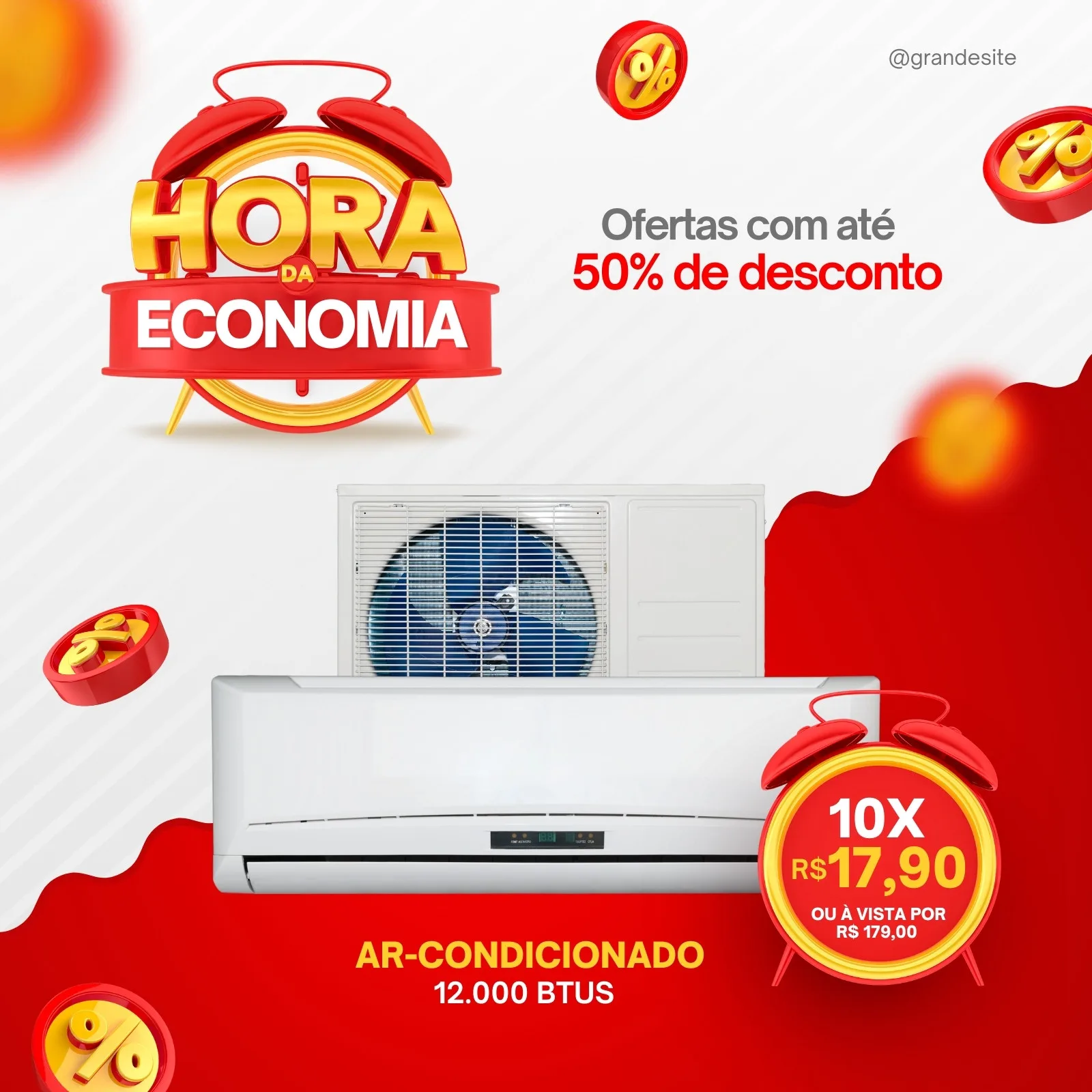 Template de anúncio para Instagram e Facebook com o tema 'Hora da Economia', destacando um ar condicionado de 12.000 BTUs. O design usa cores vibrantes vermelho e amarelo, com elementos de relógio e moedas de desconto, promovendo ofertas de até 50% e parcelamento em 10x R$17,90.