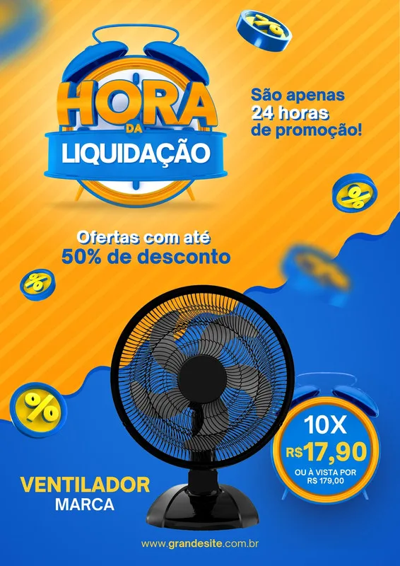 Template de post para redes sociais com tema de liquidação relâmpago para loja de eletrodomésticos. Fundo azul e laranja vibrantes, com um despertador estilizado indicando 'Hora da Liquidação', um ventilador em destaque e moedas com símbolo de porcentagem. Texto promocional com ofertas e parcelamento.
