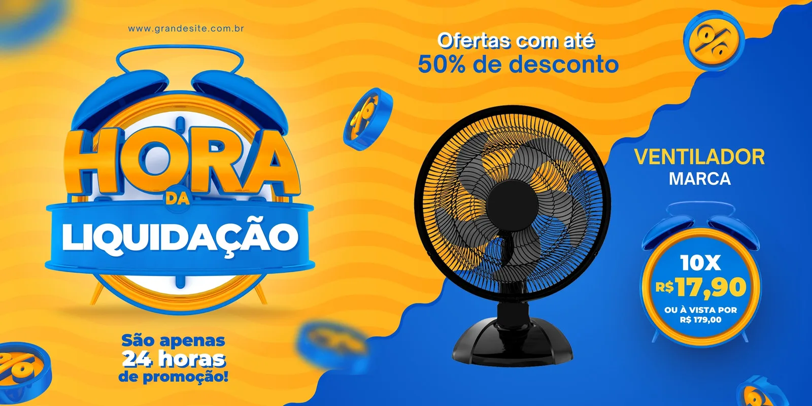 Banner horizontal vibrante em amarelo e azul para "Hora da Liquidação" de eletrodomésticos. Apresenta um ventilador em destaque, um relógio com o título da promoção e informações sobre ofertas e parcelamento.