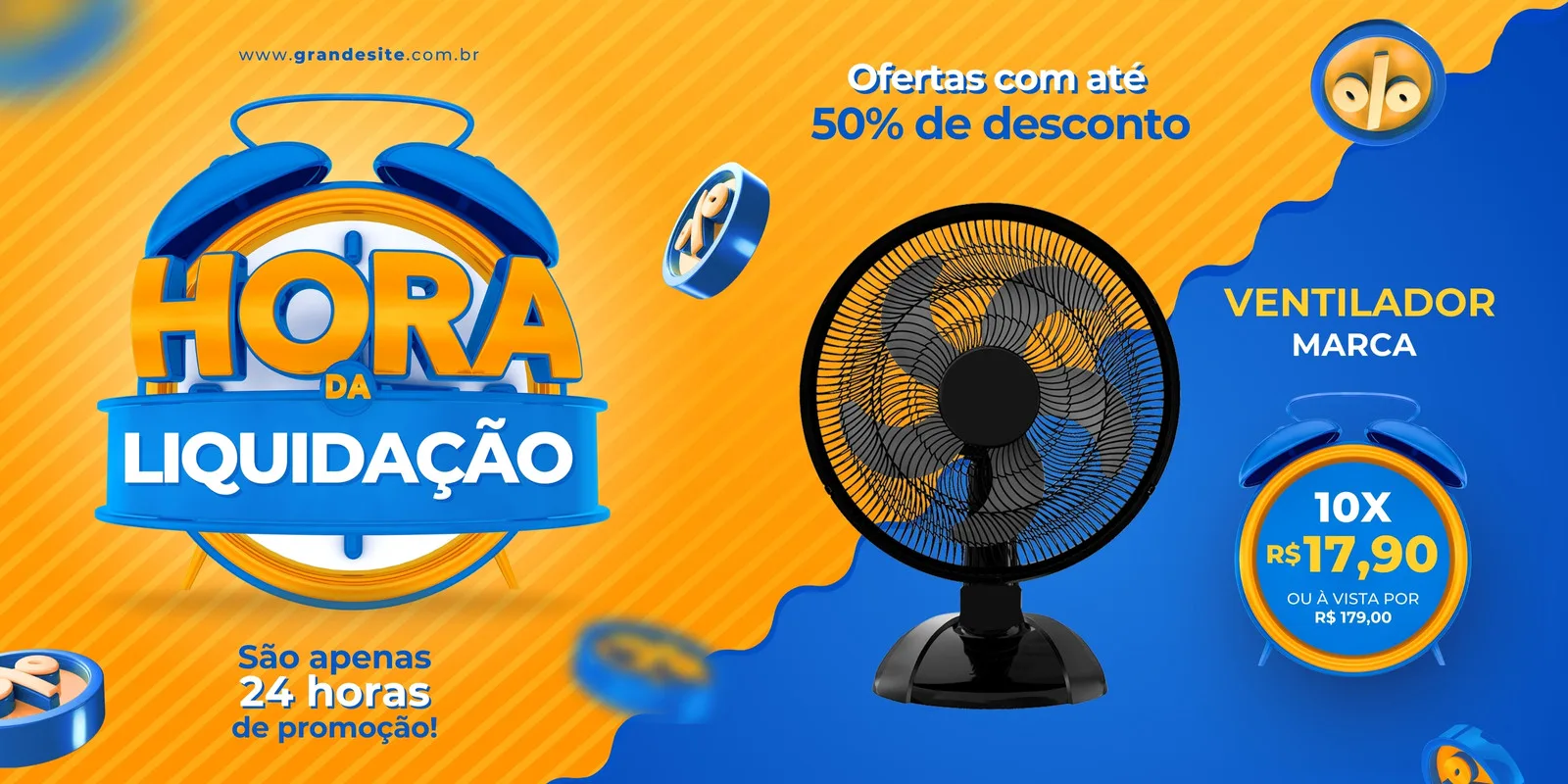 Banner horizontal de liquidação com um grande relógio azul indicando "Hora da Liquidação" e um ventilador em destaque. O banner exibe "Ofertas com até 50% de desconto" e detalhes de preço, com um fundo vibrante em amarelo e azul.