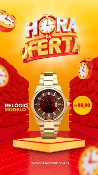 Story de Instagram com design vibrante em vermelho e amarelo para uma promoção de relógios. Destaca um relógio dourado moderno no centro, com o texto 'Hora da Oferta' e preço R$ 89,90. Elementos de relógios e prateleiras de loja ao fundo.