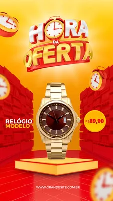 Story de Instagram com design vibrante em vermelho e amarelo para uma promoção de relógios. Destaca um relógio dourado moderno no centro, com o texto 'Hora da Oferta' e preço R$ 89,90. Elementos de relógios e prateleiras de loja ao fundo.