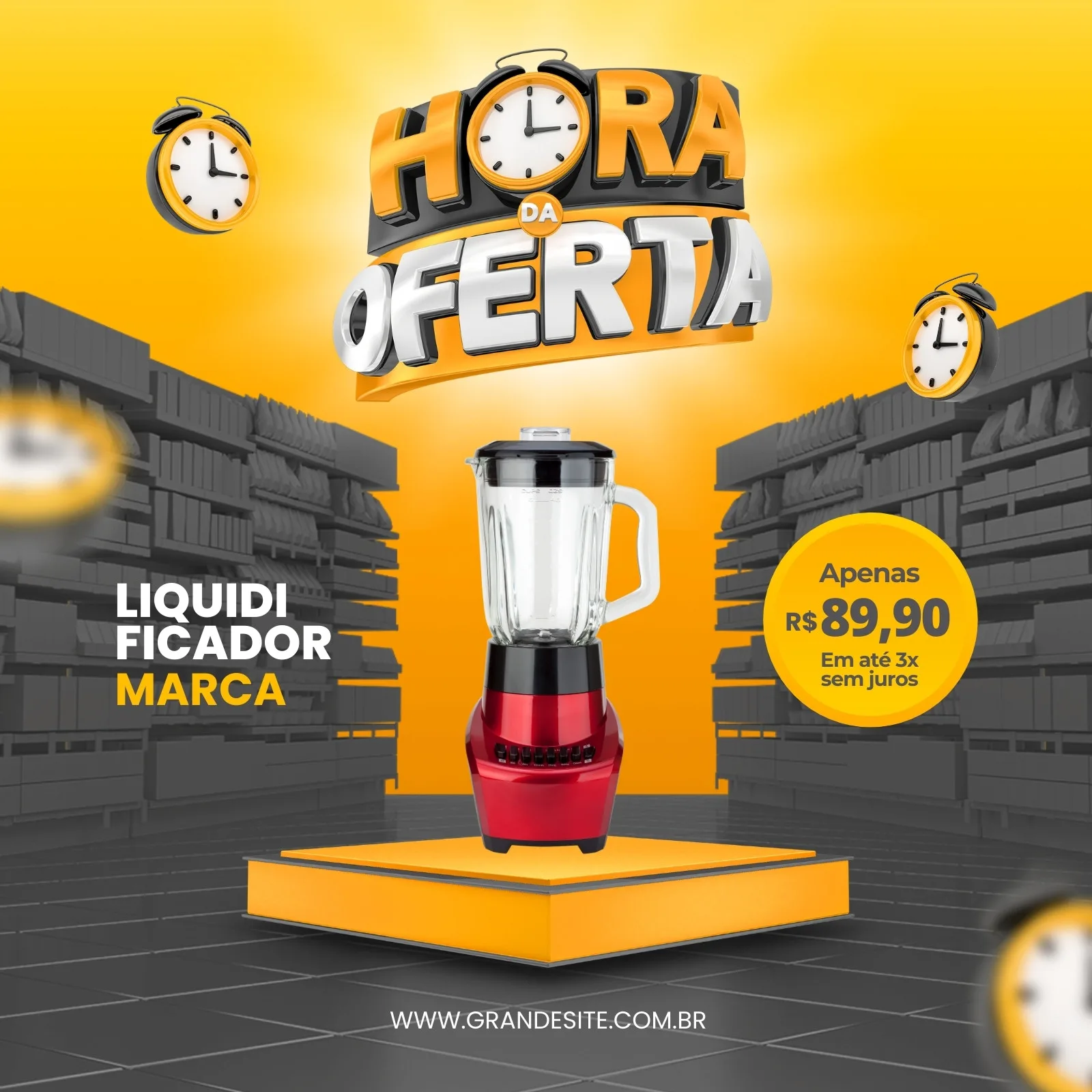 Post para Instagram com tema de oferta de eletrodomésticos. Um liquidificador vermelho em destaque sobre um pedestal amarelo, com prateleiras de supermercado ao fundo. O texto 'Hora da Oferta' aparece em destaque com relógios. Um círculo amarelo indica o preço.
