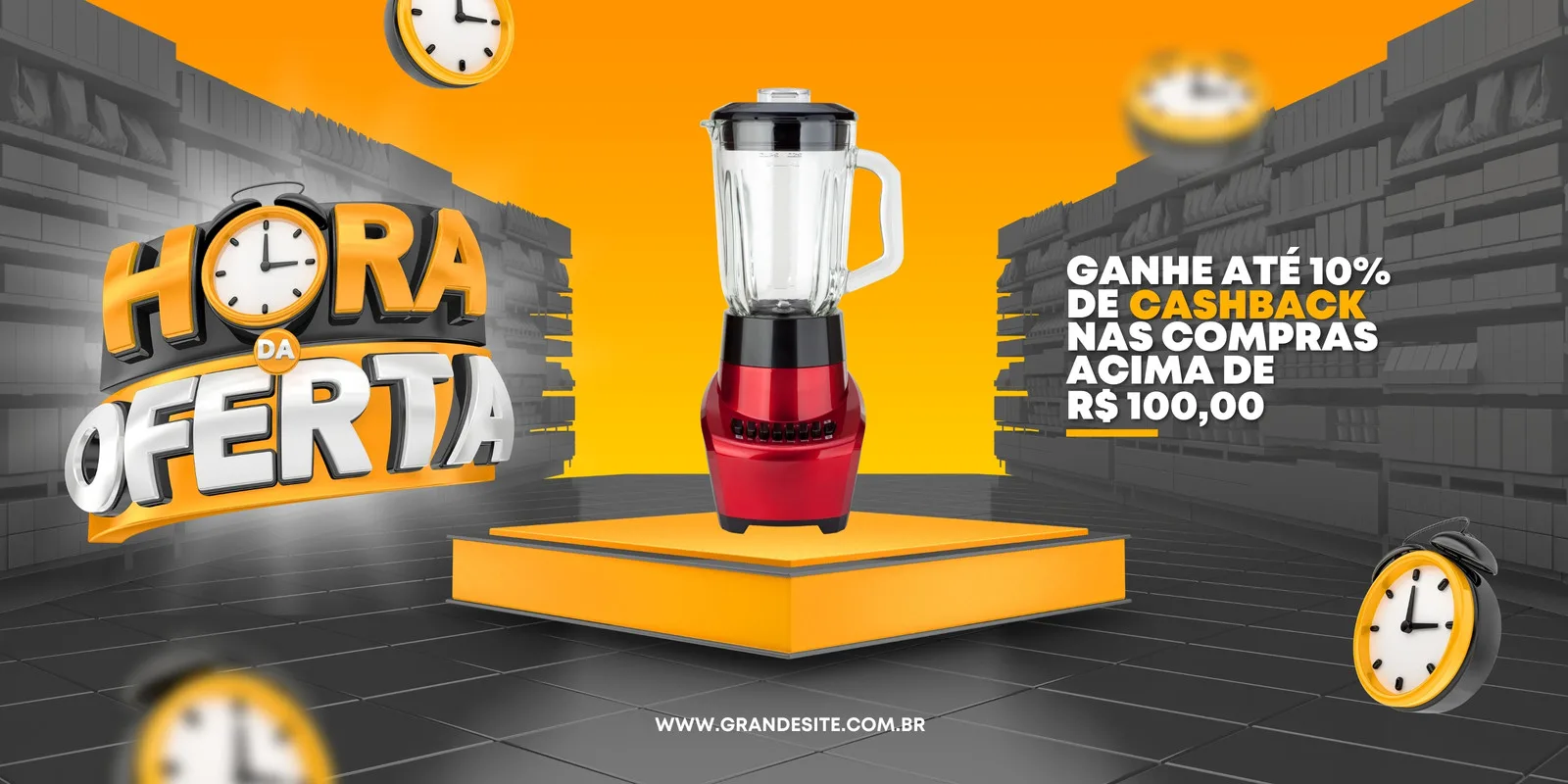 Banner horizontal em tons de laranja e cinza com o texto 'Hora da Oferta' em destaque. Um liquidificador vermelho está em um pedestal, e há um texto sobre cashback. Relógios estilizados aparecem em vários pontos, sugerindo urgência na oferta.