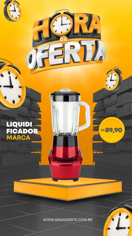 Template de Instagram Story com fundo amarelo vibrante e o título 'Hora da Oferta' em 3D. Um liquidificador vermelho em destaque sobre um pedestal laranja, com relógios amarelos espalhados. Promove liquidação e descontos.