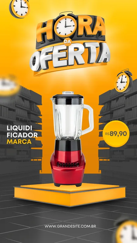 Template de Story para Instagram com fundo amarelo vibrante e elementos gráficos de relógios. Um liquidificador vermelho em destaque sobre um pedestal laranja, com texto "Hora da Oferta", "Liquificador" e preço. Fundo com silhuetas de prateleiras de loja.