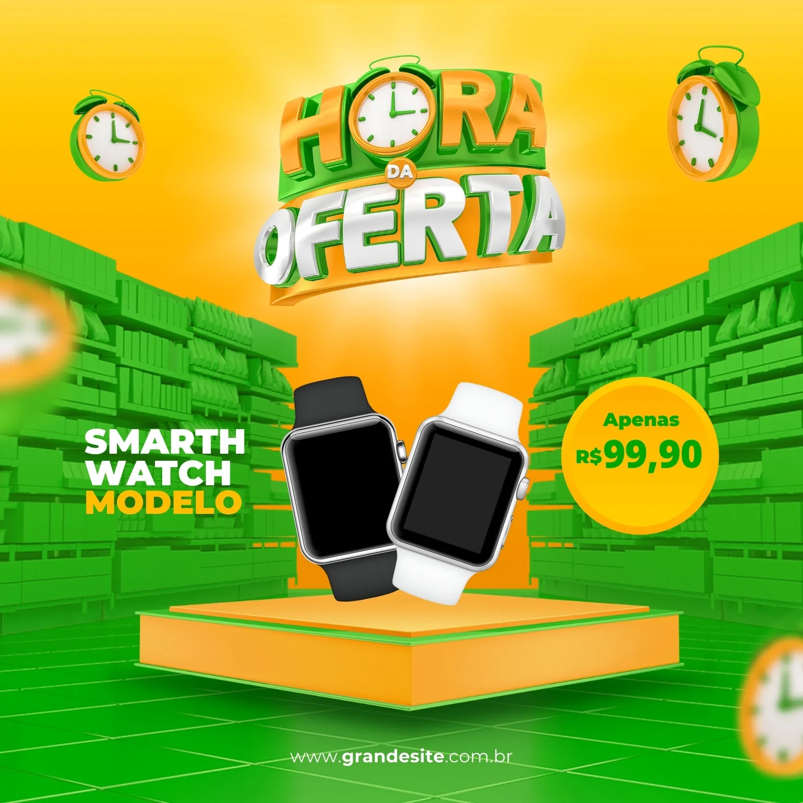 Post para Instagram com a promoção 'Hora da Oferta' de smartwatches. Um smartwatch preto e um branco estão em destaque sobre um pedestal laranja, com prateleiras verdes ao fundo. O preço de R$ 99,90 é exibido em um círculo amarelo.