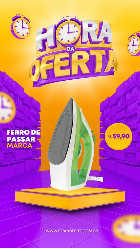 Template de Story para Instagram com o título 'Hora da Oferta'. Um ferro de passar branco e verde em destaque sobre um pedestal amarelo. Ao fundo, prédios roxos estilizados e relógios amarelos flutuantes. O preço 'R$ 59,90' aparece em um círculo amarelo.