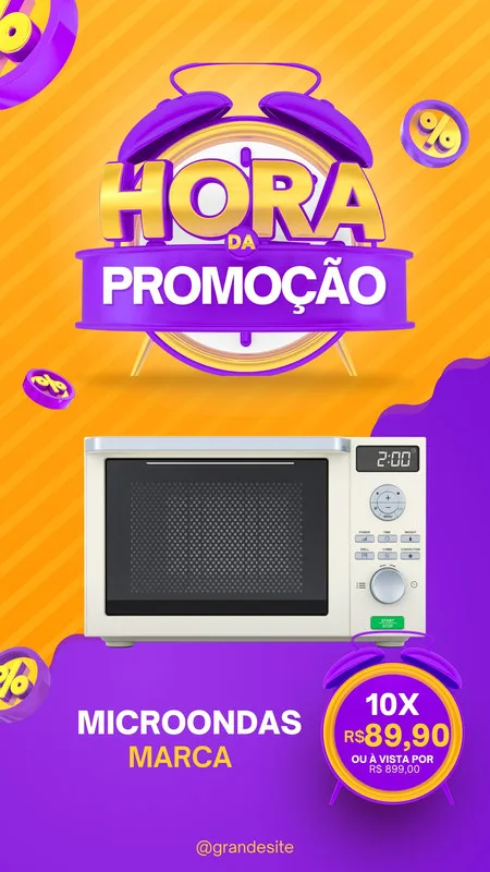 Story de Instagram com tema de promoção para eletrodomésticos, destacando um micro-ondas em oferta. Fundo laranja com detalhes roxos e ícones de porcentagem. Título 'Hora da Promoção' em destaque.